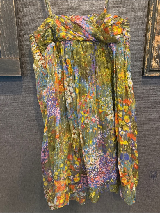 Maje Multicolor Floral Pleated Mini Dress — Green, Purple, Yellow